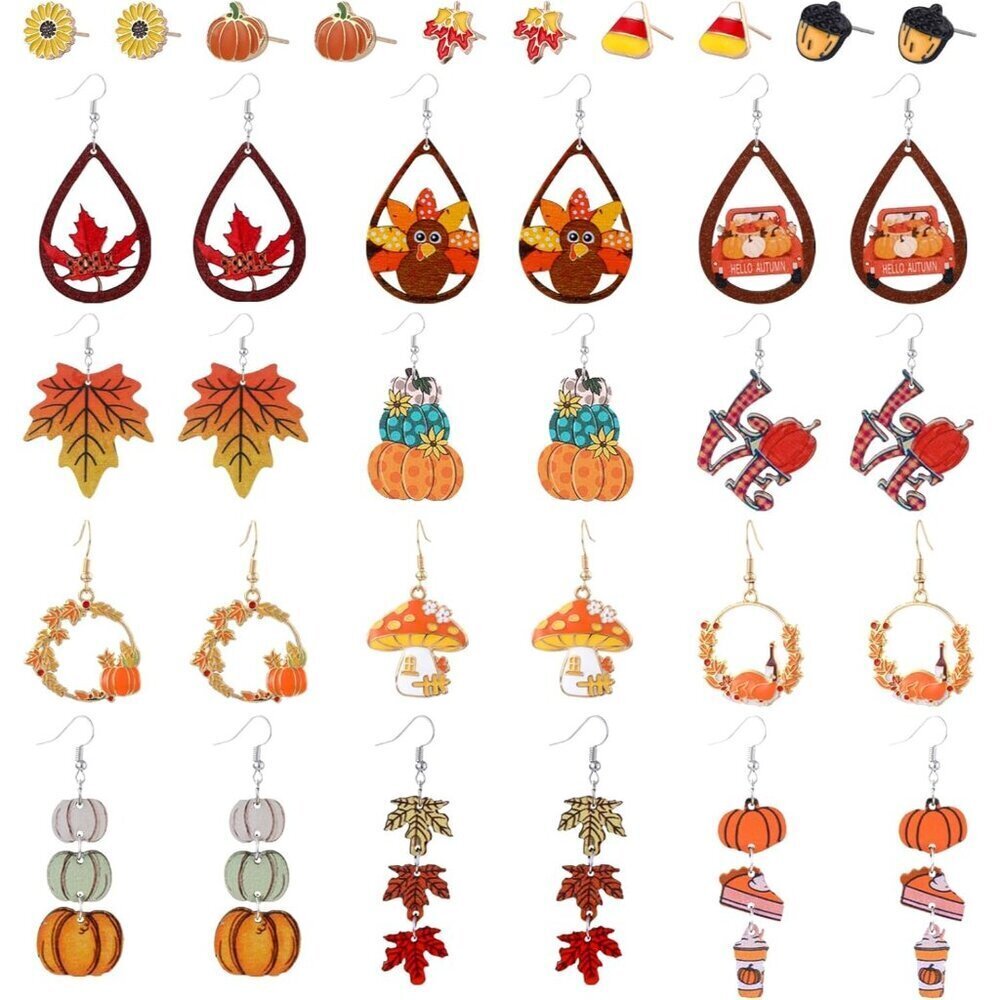 34 PCS Fall Autumn Earrings Set Maple Leaf Pumpkin Turkey Sunflower Jewelry